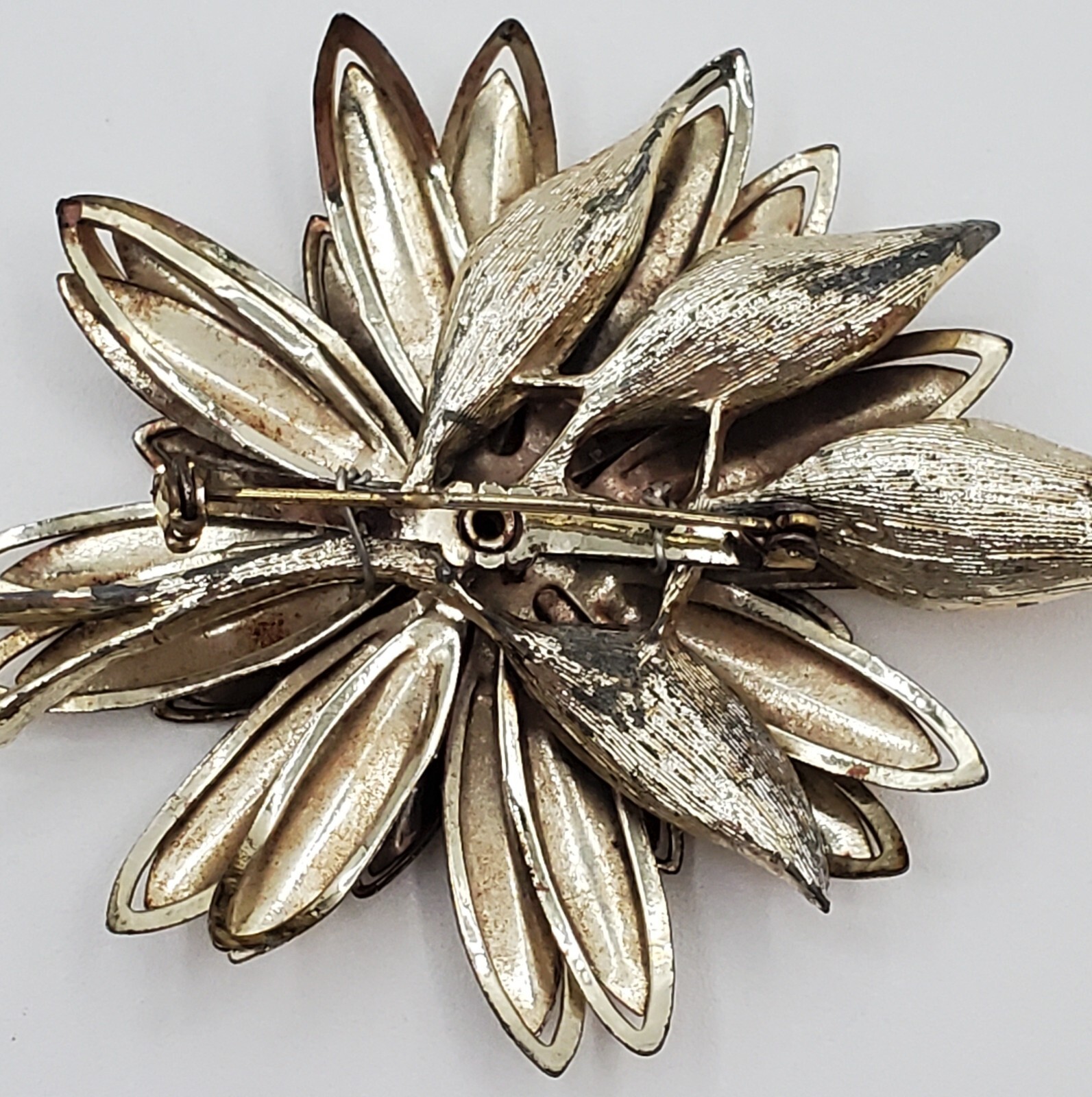 VTG Brooch 3.5in Large Gold Tone Flower Aurora Borealis 3D Layered REPAIRED READ
