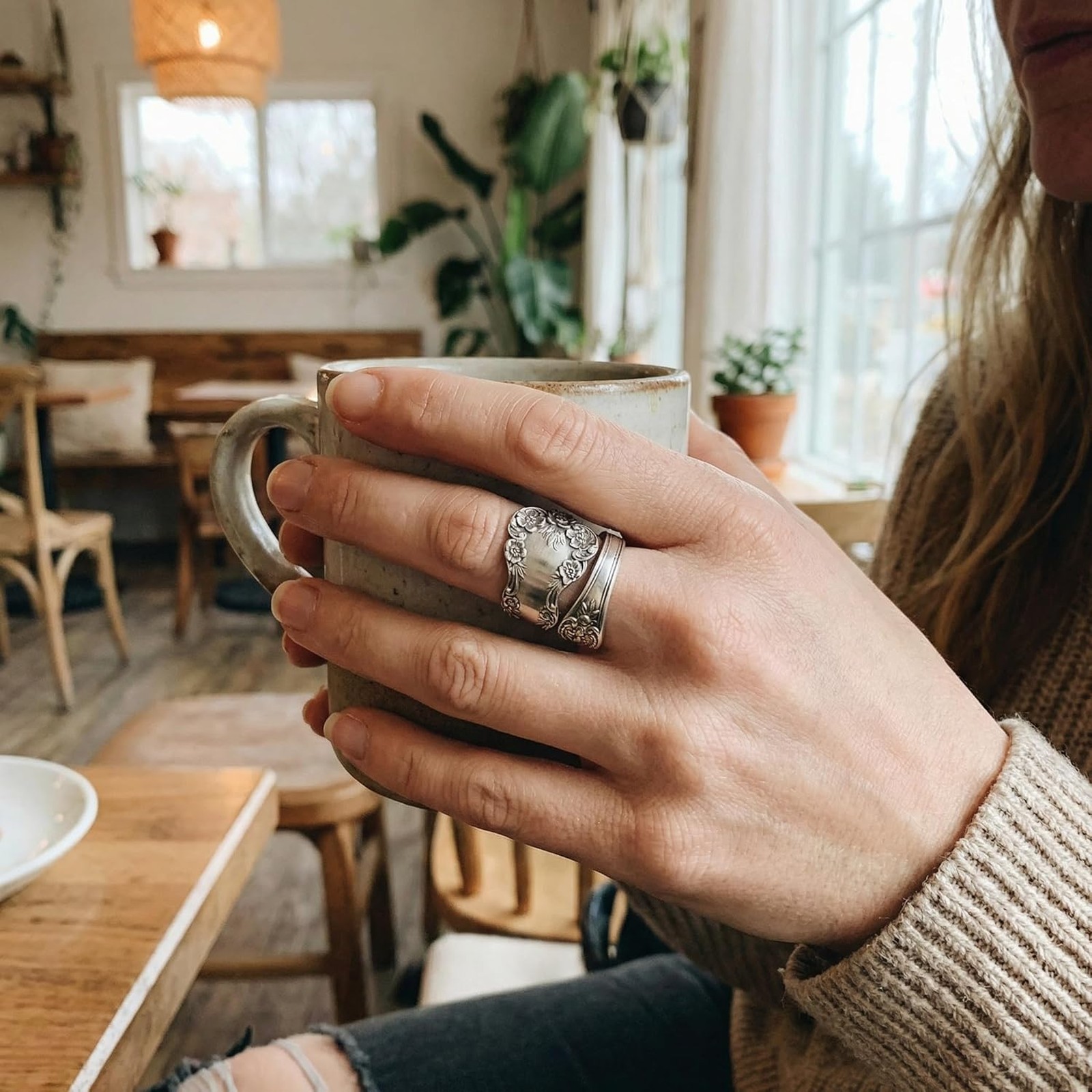 Women’s Vintage Silver Floral Spoon Ring Adjustable Wide Wrap Boho Jewelry Retro