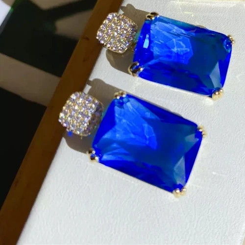 10 CTW Lab-Created Blue Sapphire Dangle Drop Earrings 18k Gold Filled Finish