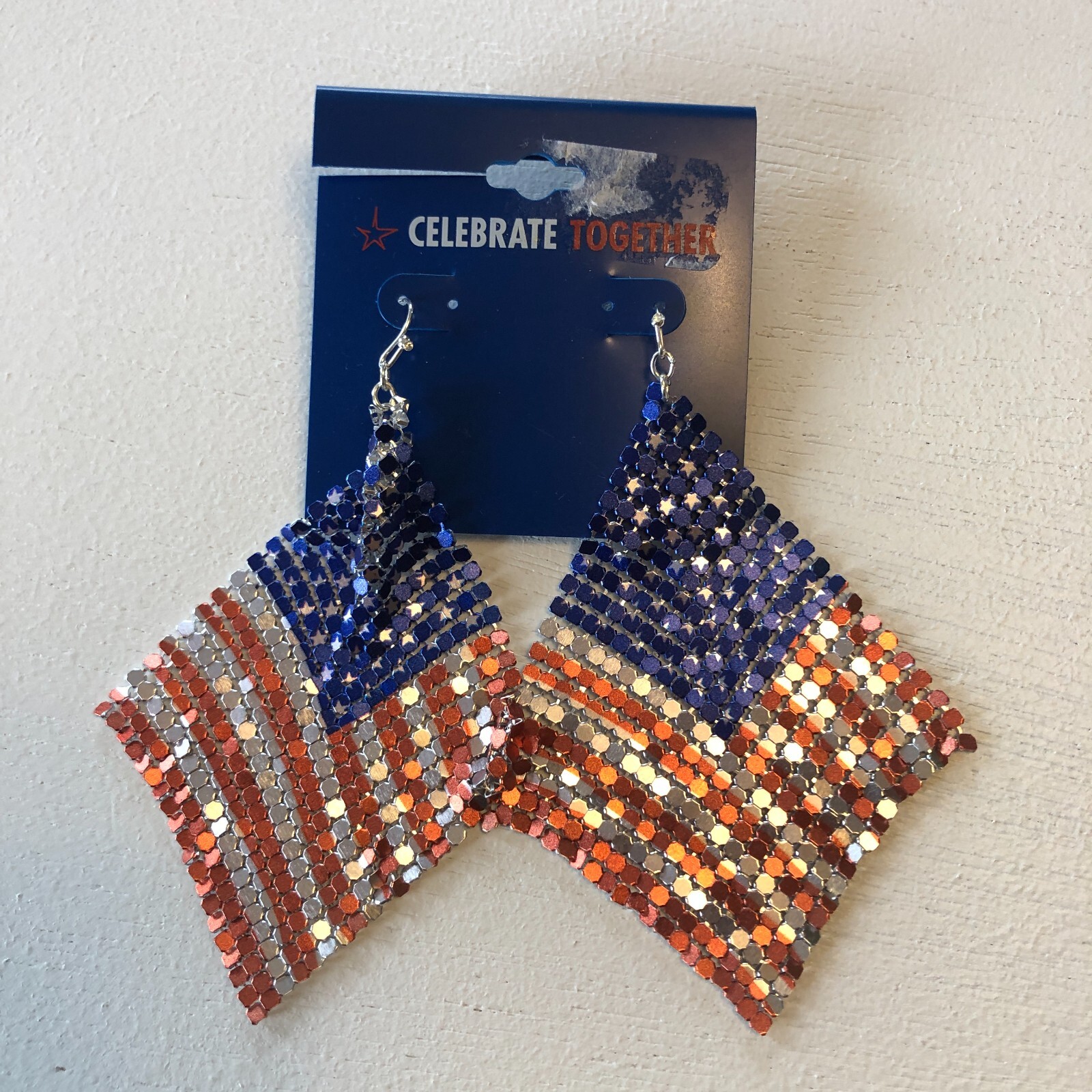 USA Flag Mesh Drop Dangle 4″ USA Flag Red Silver Blue Earrings NWT