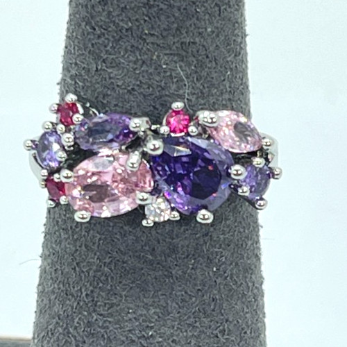 Ring Silver Tone Multicolor Cubic Zirconia Inlay Crystals Lush Prong Setting S6