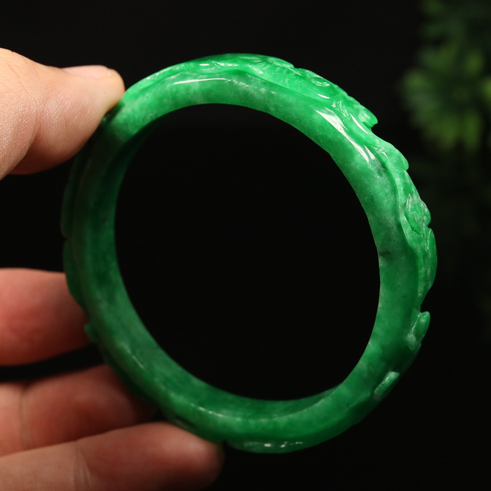 59mm Emerald Green Jadeite Jade Bangle Bracelet Handmade Ruyi Flower Bat A-14505