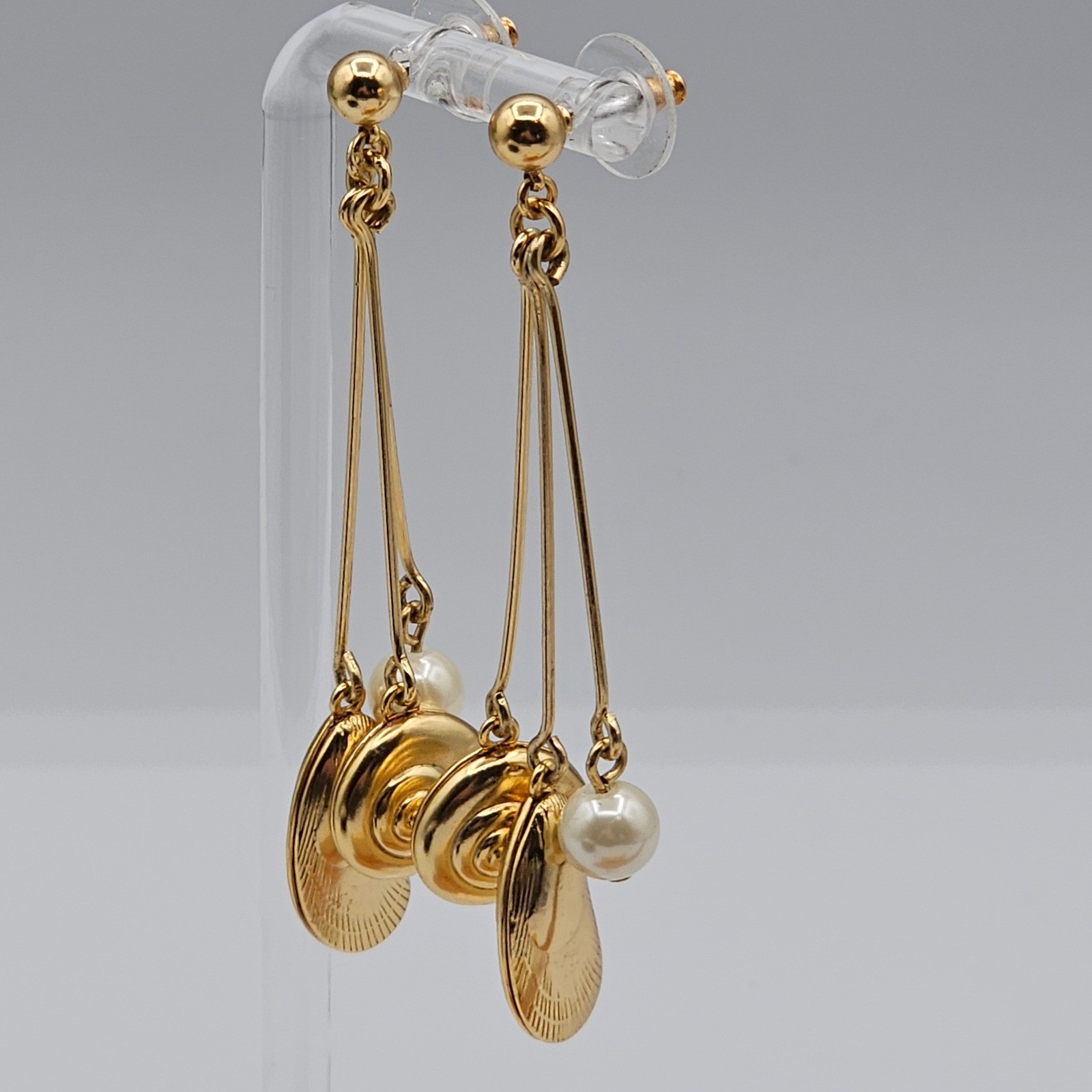 Gold Tone Seashell Faux Pearl Dangle Earrings 3″ Long Pierced Charms Coast Beach