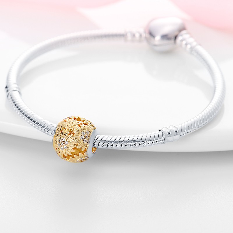 PANDACH Gold Plated Sunflower Bead, 925 Sterling Silver Floral Charm Jewelry DIY