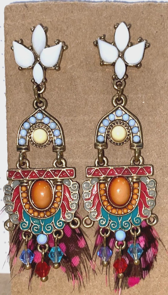 Multicolor Boho Chic Dangle Earrings with Feather Accents