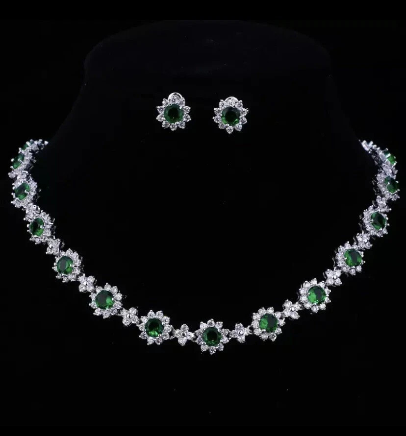 18k White Gold Plated Green Tennis Necklace Earring Set Made Simulated