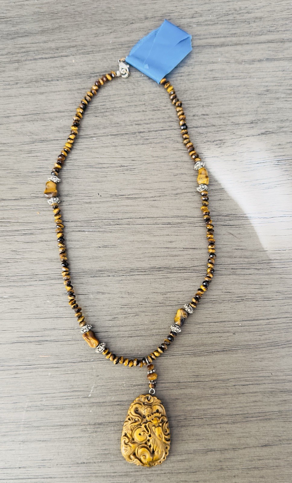 Tiger’s Eye Beaded Necklace Hand Carved Dragon Pendant Gold Brown NWOT