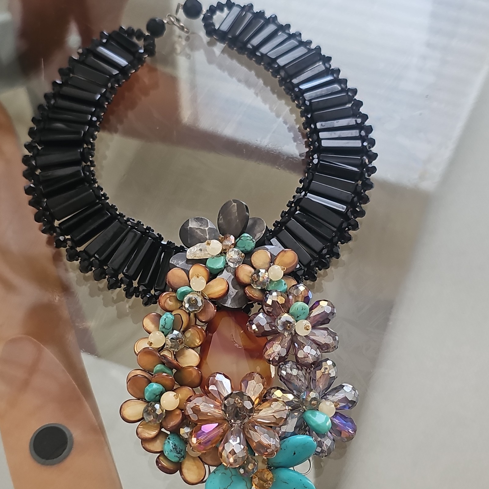 Black Beaded Statement Bib Necklace Multicolor Teardrop Crystal Pendant