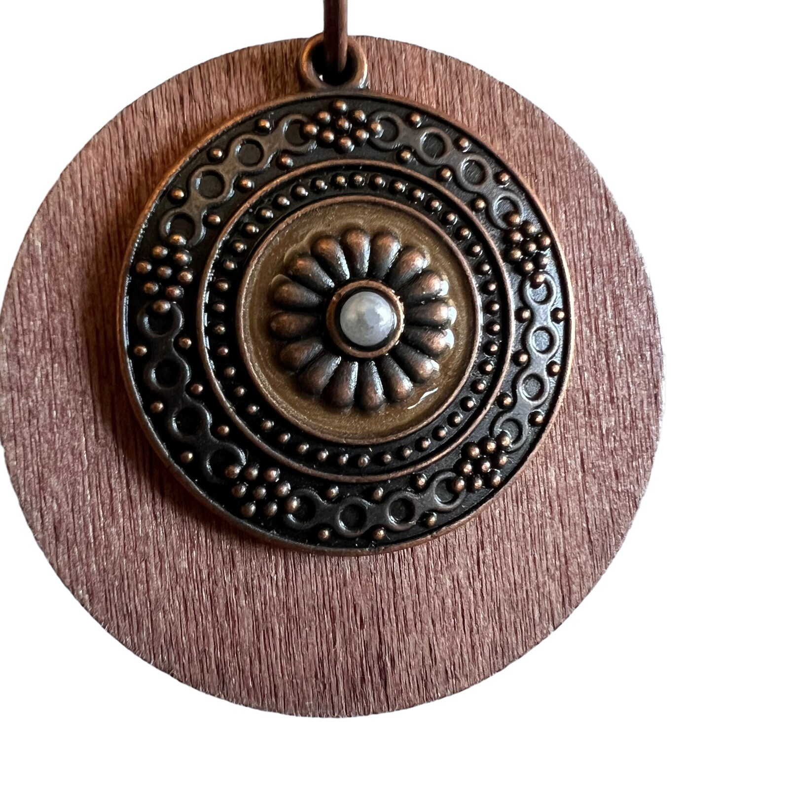 Round Wood Bronze Alloy Double Pendant Set With Pearl Embellished Earrings New