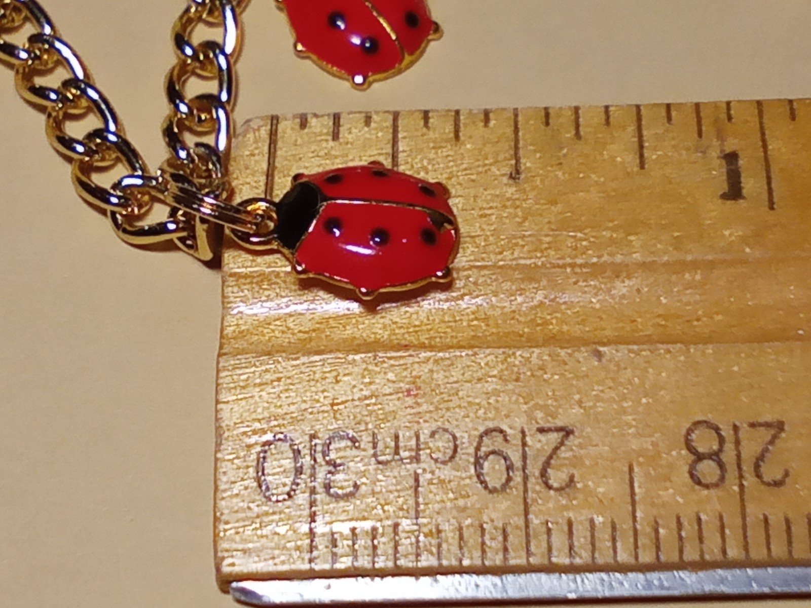 Ladybug Bracelet Gold tone chain 5 red black enamel charms ext chain Summer CUTE