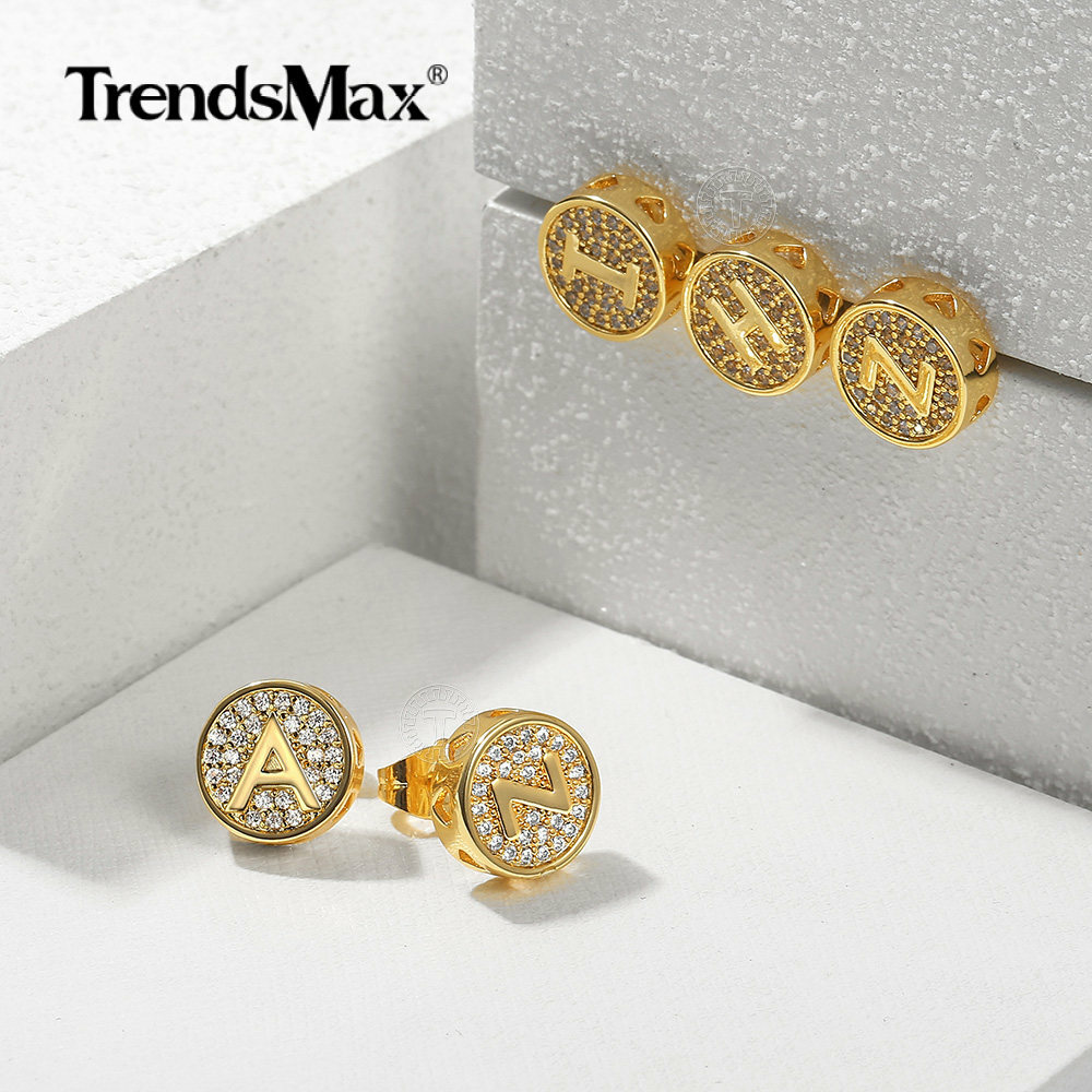 CZ Stud Earrings For Men Women 26 Letter Initial Studs Earrings Gold Plated Xmas
