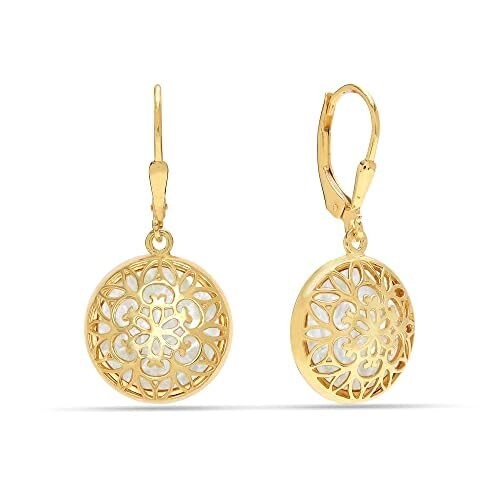 14K Gold-Plated Mother Of Pearl Overlay Filigree Dangle Earrings for Women 33 mm