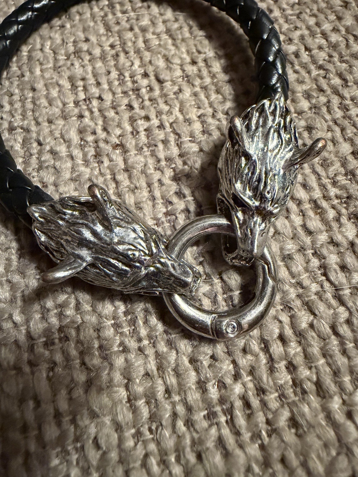 Black Braided Leather Bracelet Silver Tone Wolf Head Ring Closure