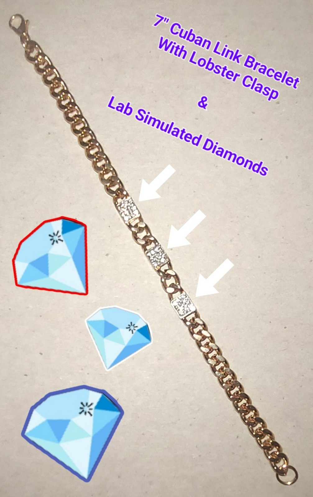 7″ Cuban Link Bracelet – Lab Simulated Diamonds – Unisex (Male or Female) – NEW!