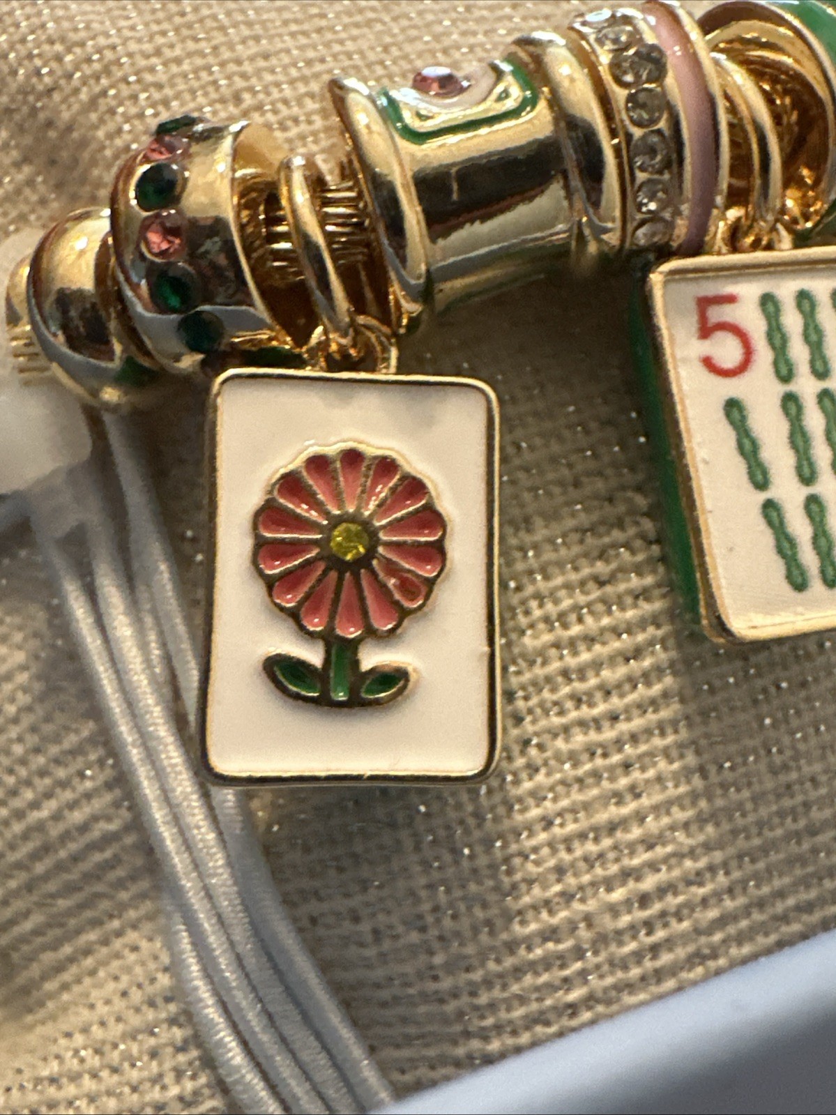 Piper•K Mahjong Charm Bangle Bracelet Gold Tone Hand Painted Enamel Tiles NEW