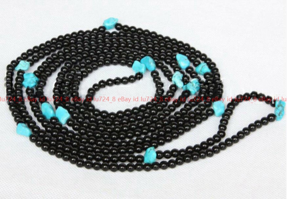 Natural 6mm Black Agate & 11x13mm Baroque Blue Turquoise Gems Necklace 24-100″