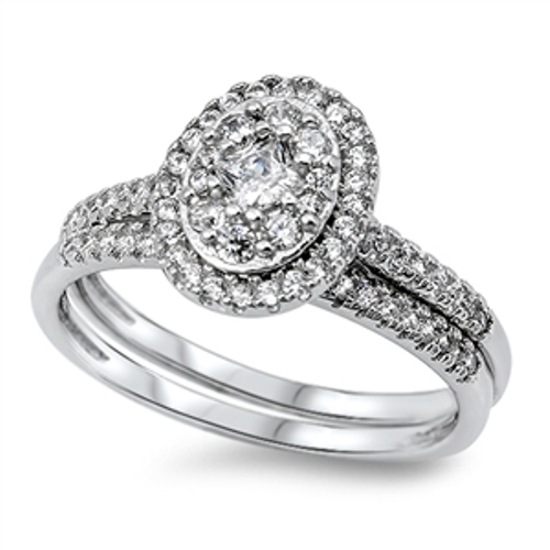 Sterling Silver Bridal Oval Engagement Wedding Ring Set Clear CZ Sizes 5 to 10