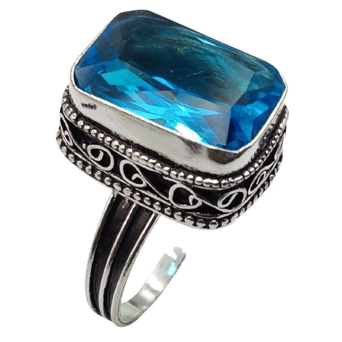 Blue Topaz Hydro Gemstone Antique Silver Plated Ring US Size-10.5 A 1357