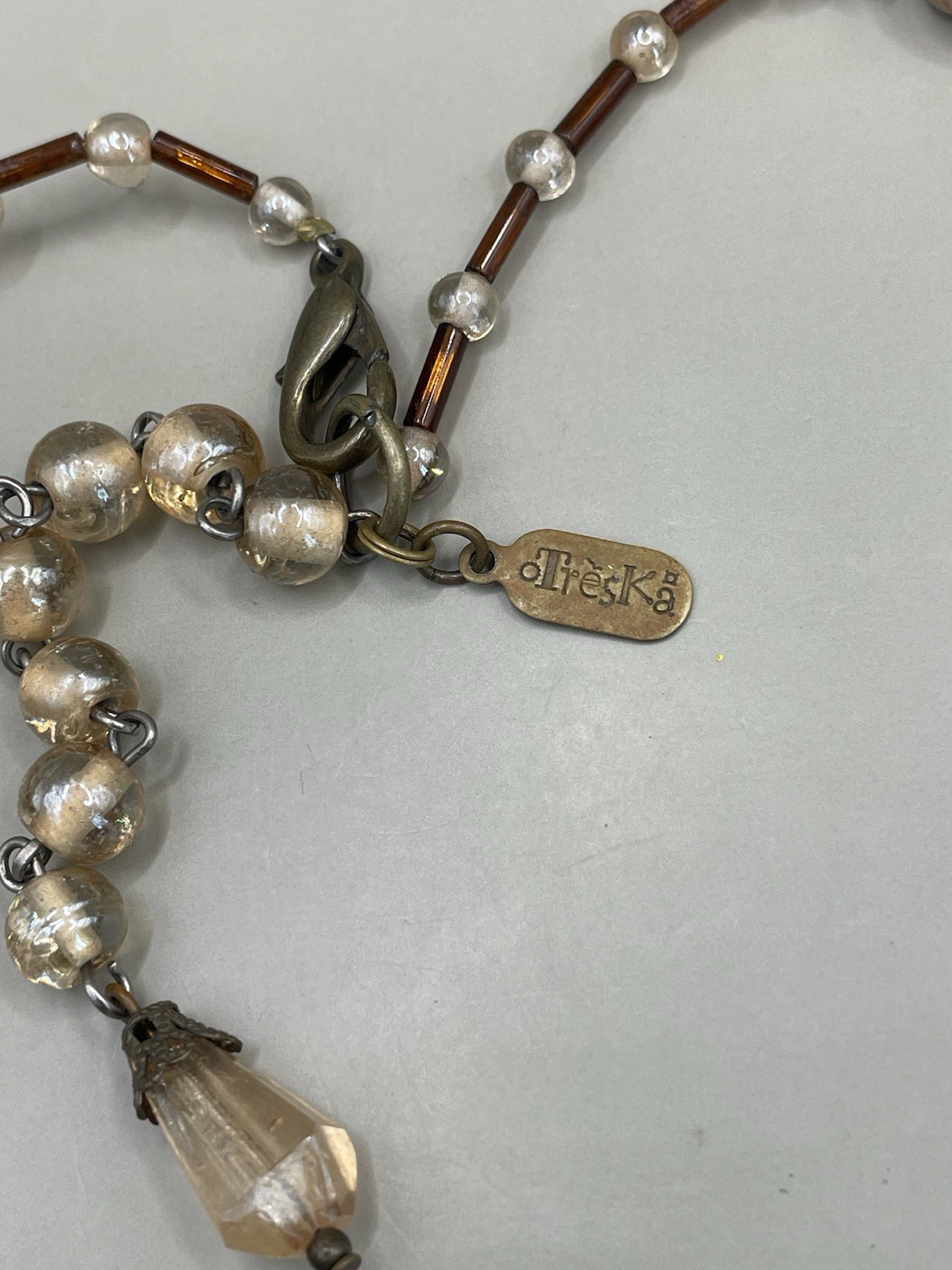 Vintage Signed Treska SilverTone Multicolor Mixed Materials Glass Beads Necklace