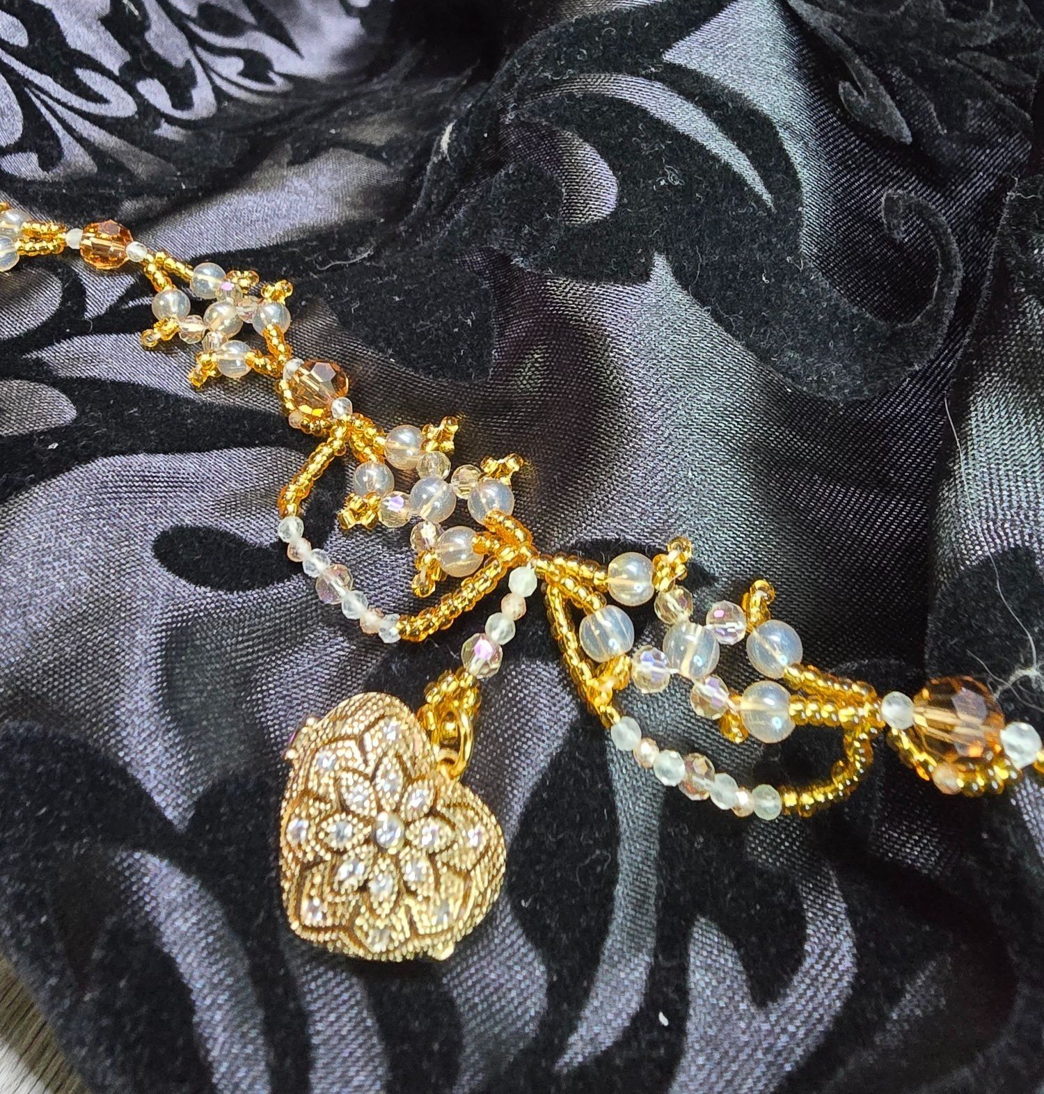 Handcrafted 18k Gold Plated Heart Locket Peach Zircon & Prehnite Beaded Necklace