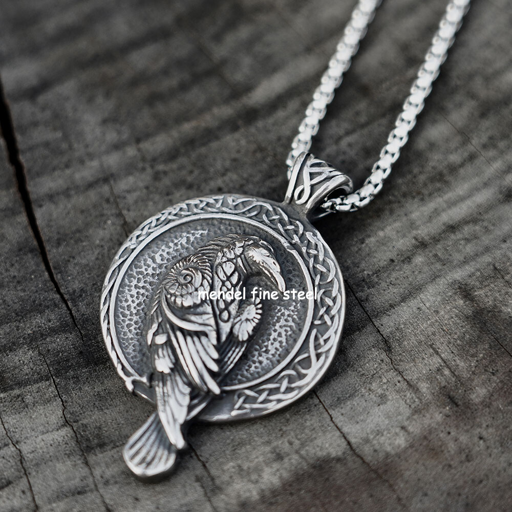 MENDEL Mens Norse Viking Stainless Steel Odin Raven Crow Rune Pendant Necklace