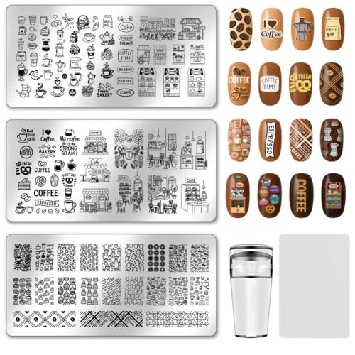 3pcs Theme Nail Stamping Plates Bakery Dessert Nail Art Stencils Beans Coffee