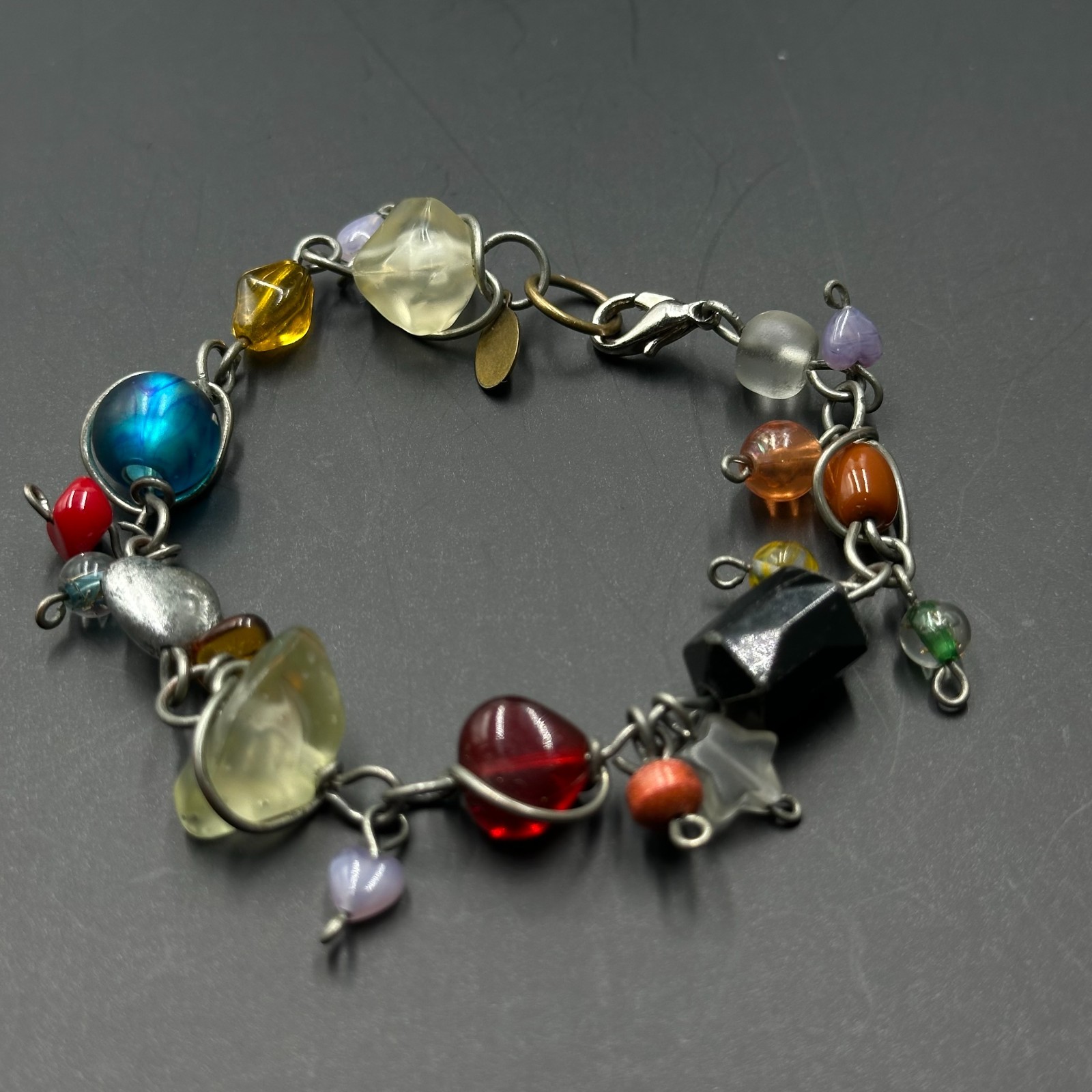 ABRA Bracelet Silver Tone Multicolored Glass Beads Wire Wrapped Boho Artsy 7.5″