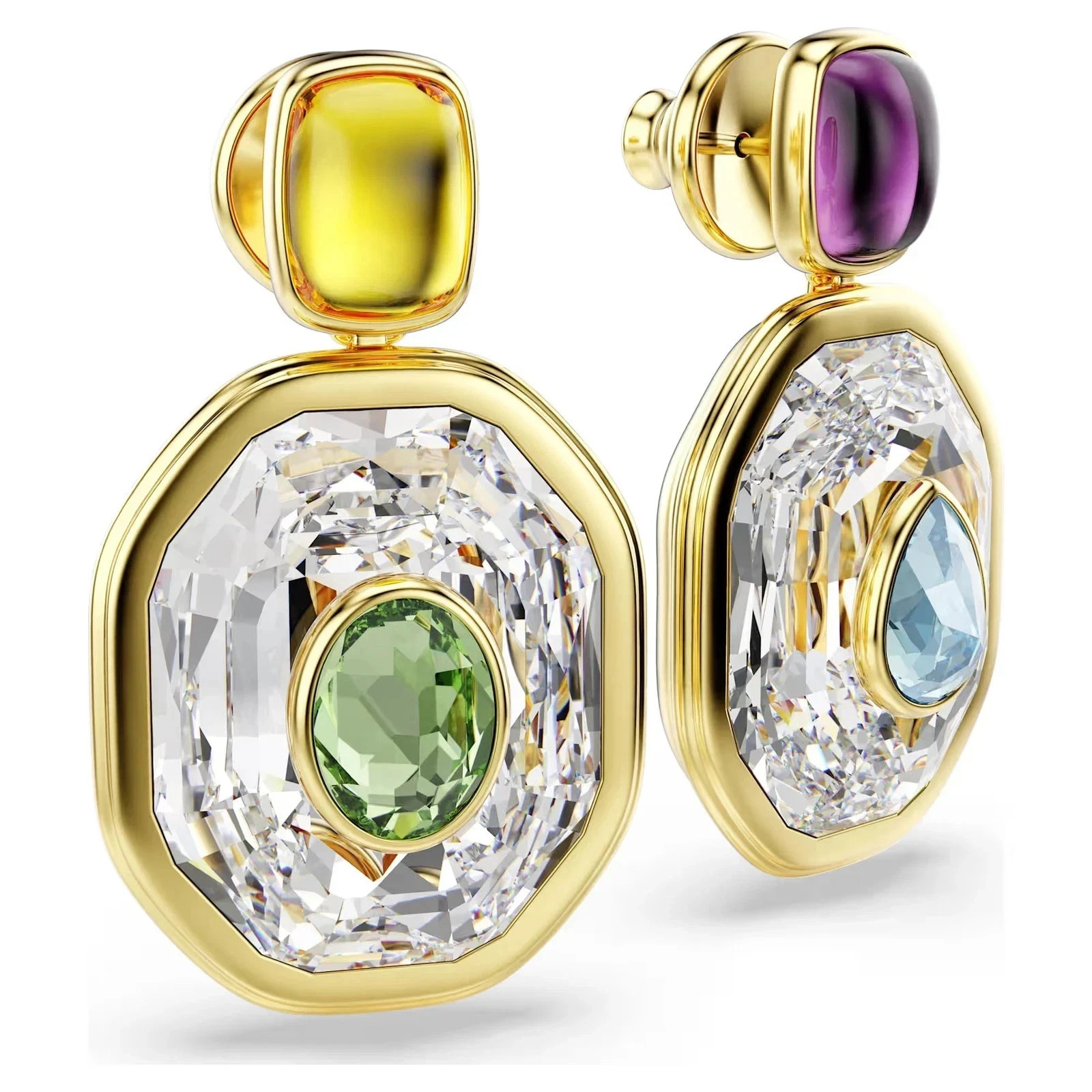 Swarovski Chroma Drop Earrings, Asymmetrical, Octagon Cut, Gold Tone 5705582