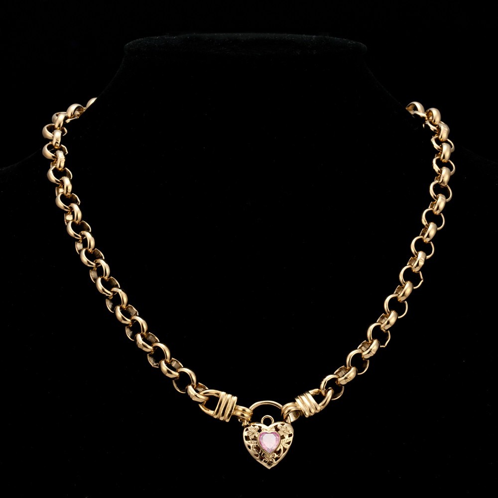 18K GL Thick Solid Belcher Yellow Gold Necklace Filigree Heart Padlock Rose Pink