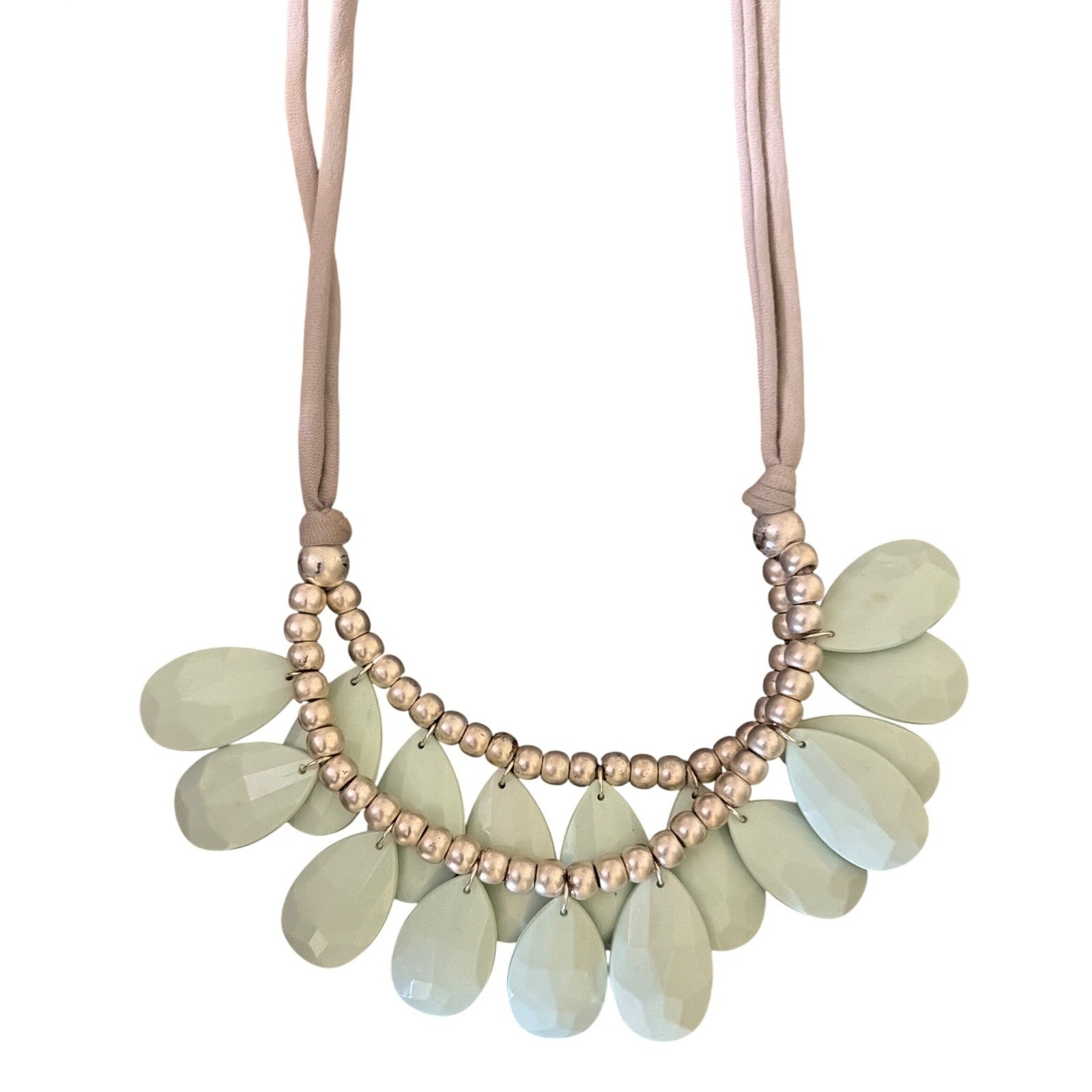 Mint Green Teardrop Statement Bib Necklace Silver Tone Beads Adjustable Tie Boho