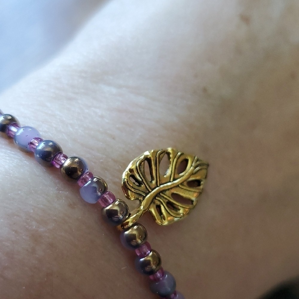 Purple Beaded Bracelet with Gold Leaf Charm