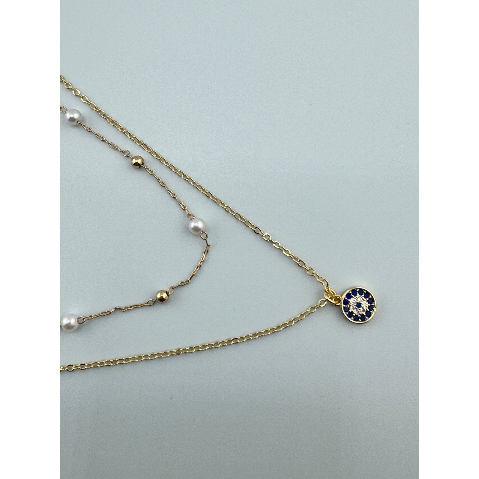 14k Gold Plated Double Layer Evil Eye Necklace Pearl Bead Hypoallergenic