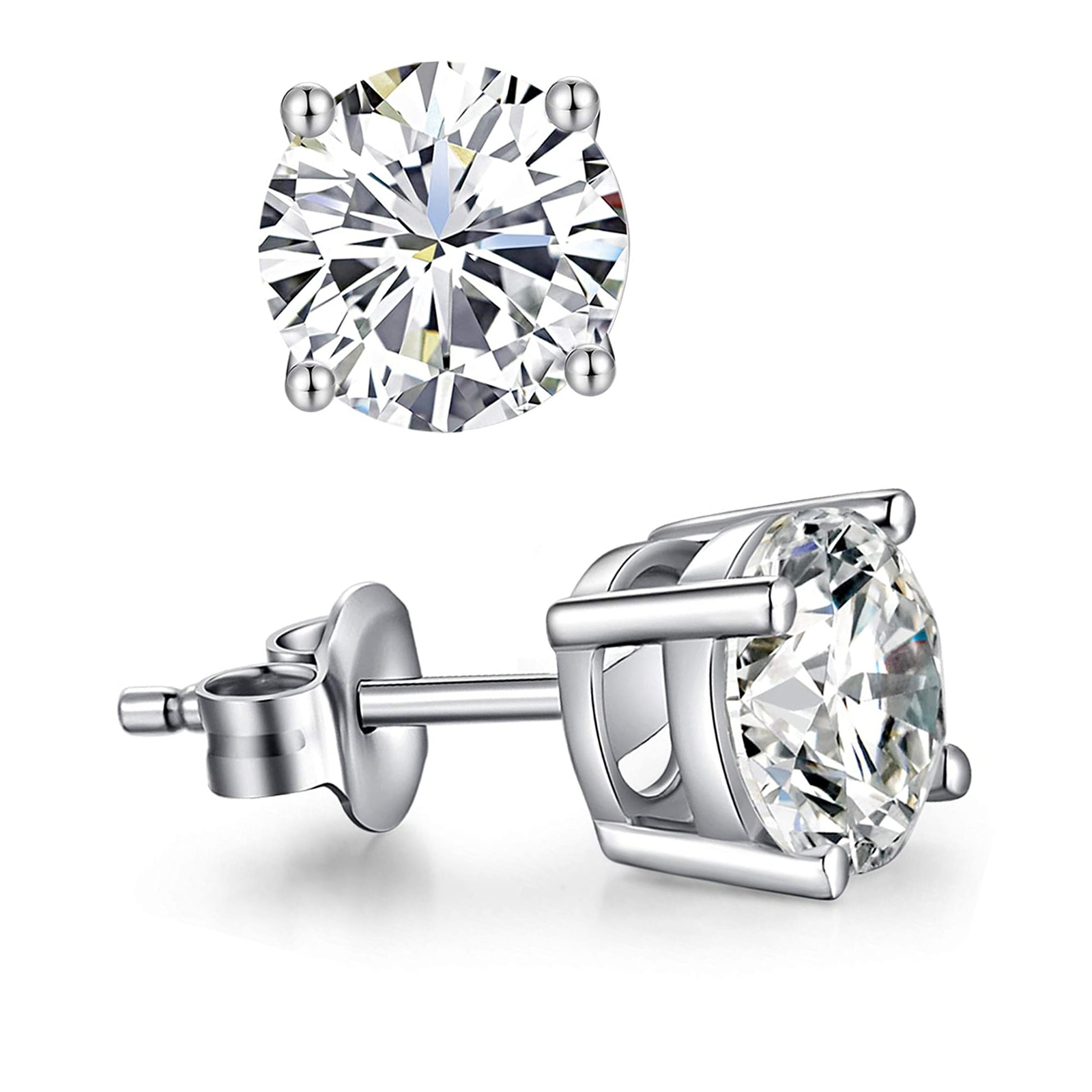 Sterling Silver Rhodium Finish 6mm Round Cubic Zirconia Stud Earring