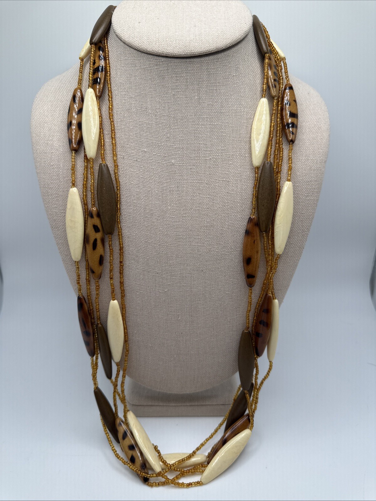 Brown & Cream Leopard Print Seed Bead Multi Strand Necklace