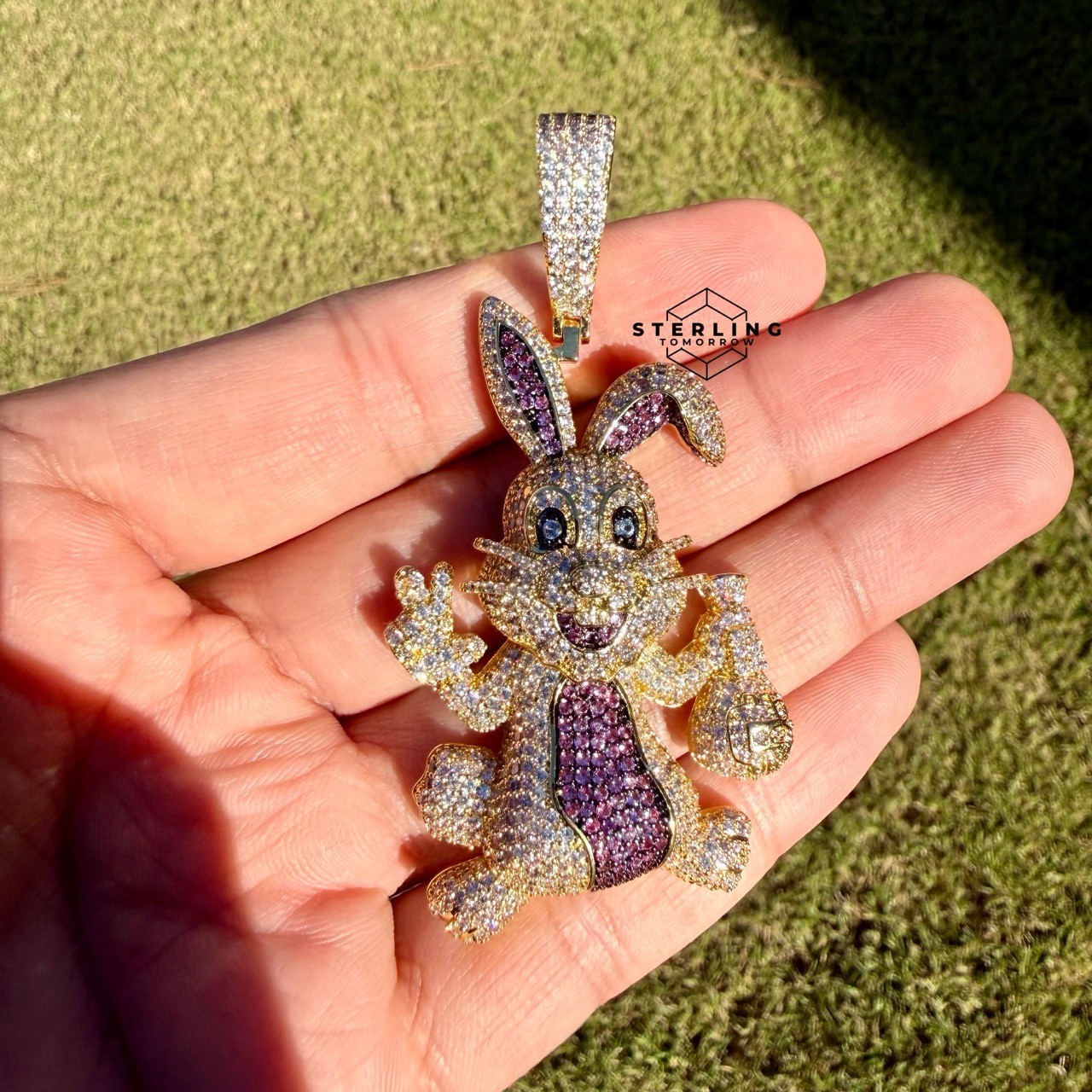 Iced Out Easter Bunny Pendant Purple CZ Gold Hip Hop Rabbit w/ Rope Chain