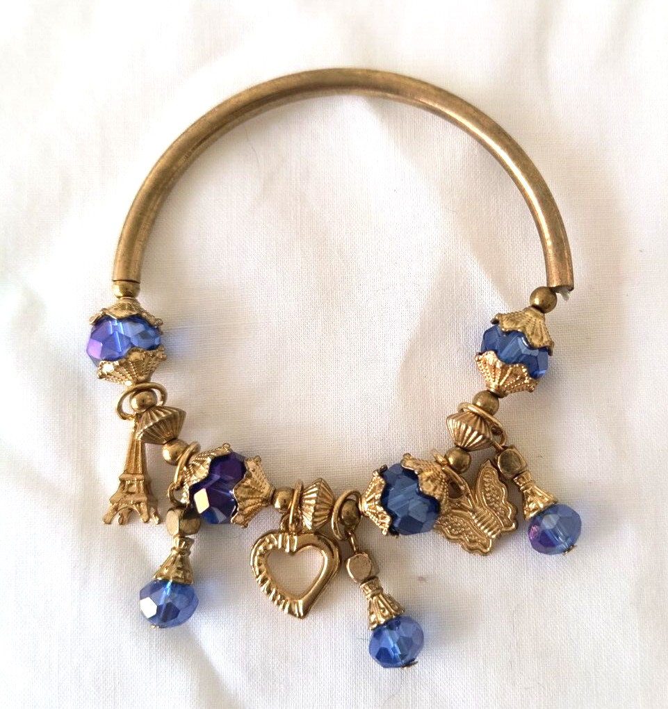 Fashion Jewelry Stretch Bracelet Gold Color Metal Charms Blue Acrylic Charms
