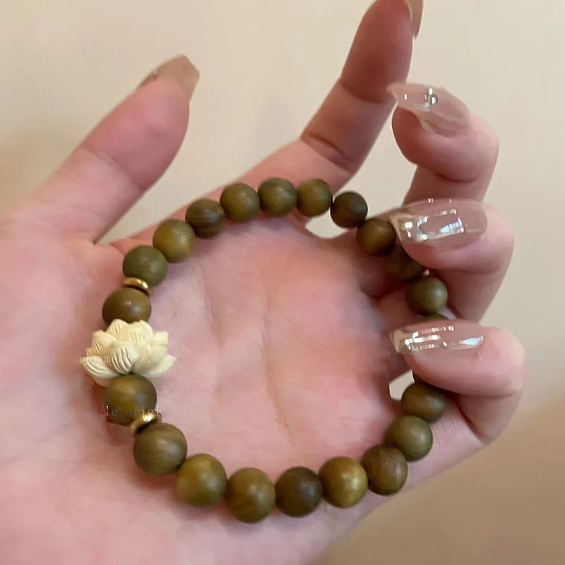 Wood Bead Strand Bracelet Natural Green Sandalwood Elastic Wrist Jewelry
