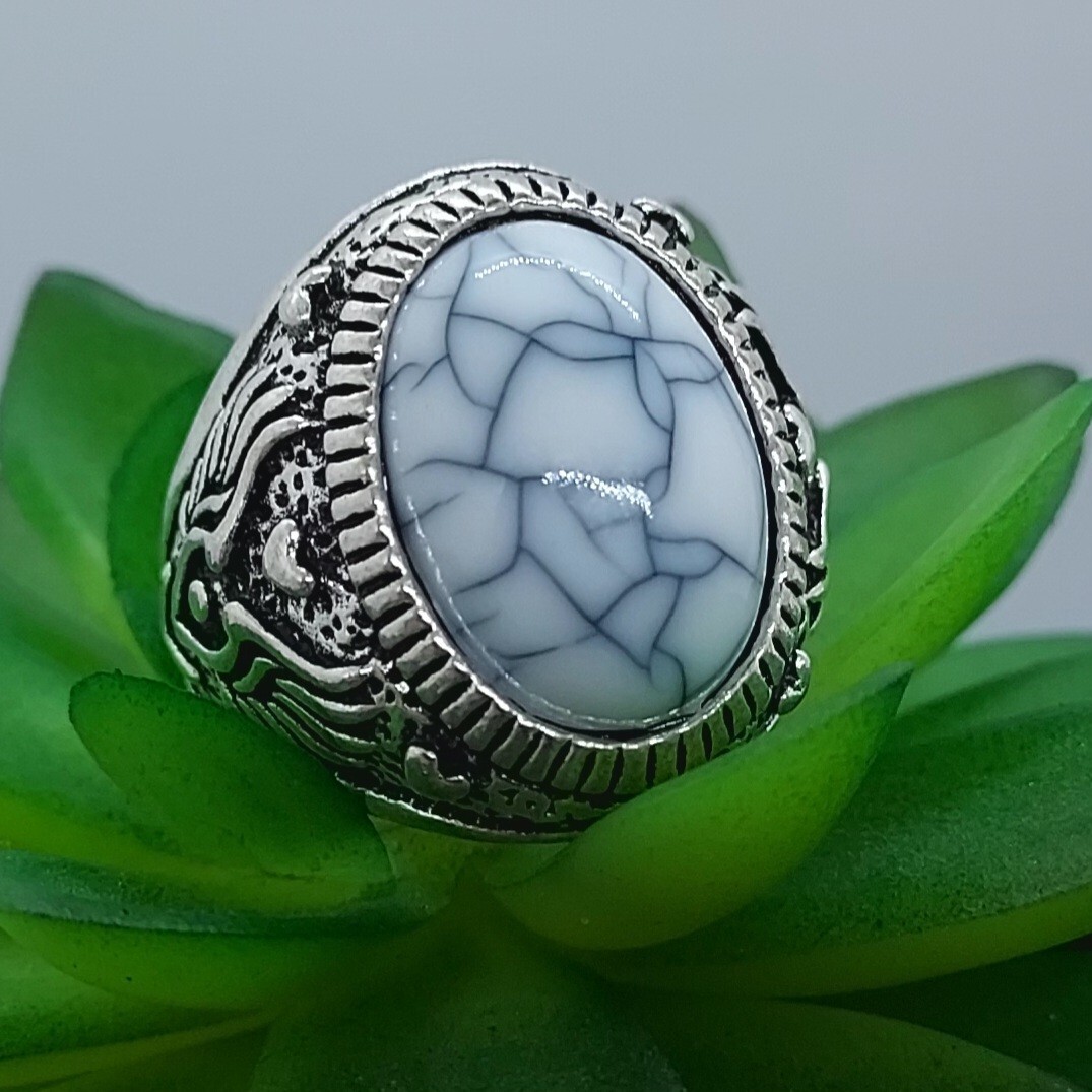 316L Stainless Steel Jewelry Bohemian with Stone White Marble Ring US Size 7.75