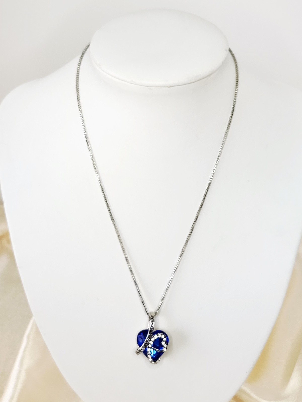 Deep Blue Crystal Heart Rhinestone Necklace – I Love You Forever – 18″