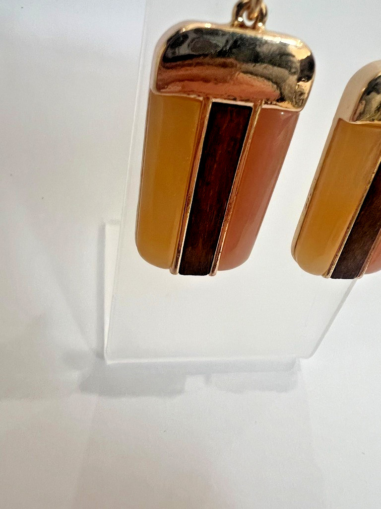 Uncas Int Gold Blush Amber Dangle Earrings Resin Wood Earth Tones 2” Vendor Smpl