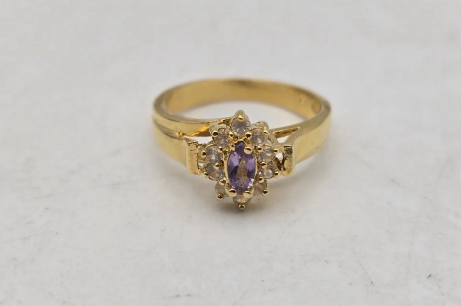 Vintage Electroplated Flower Ring Size 6 Purple Crystal Rhinestone Halo