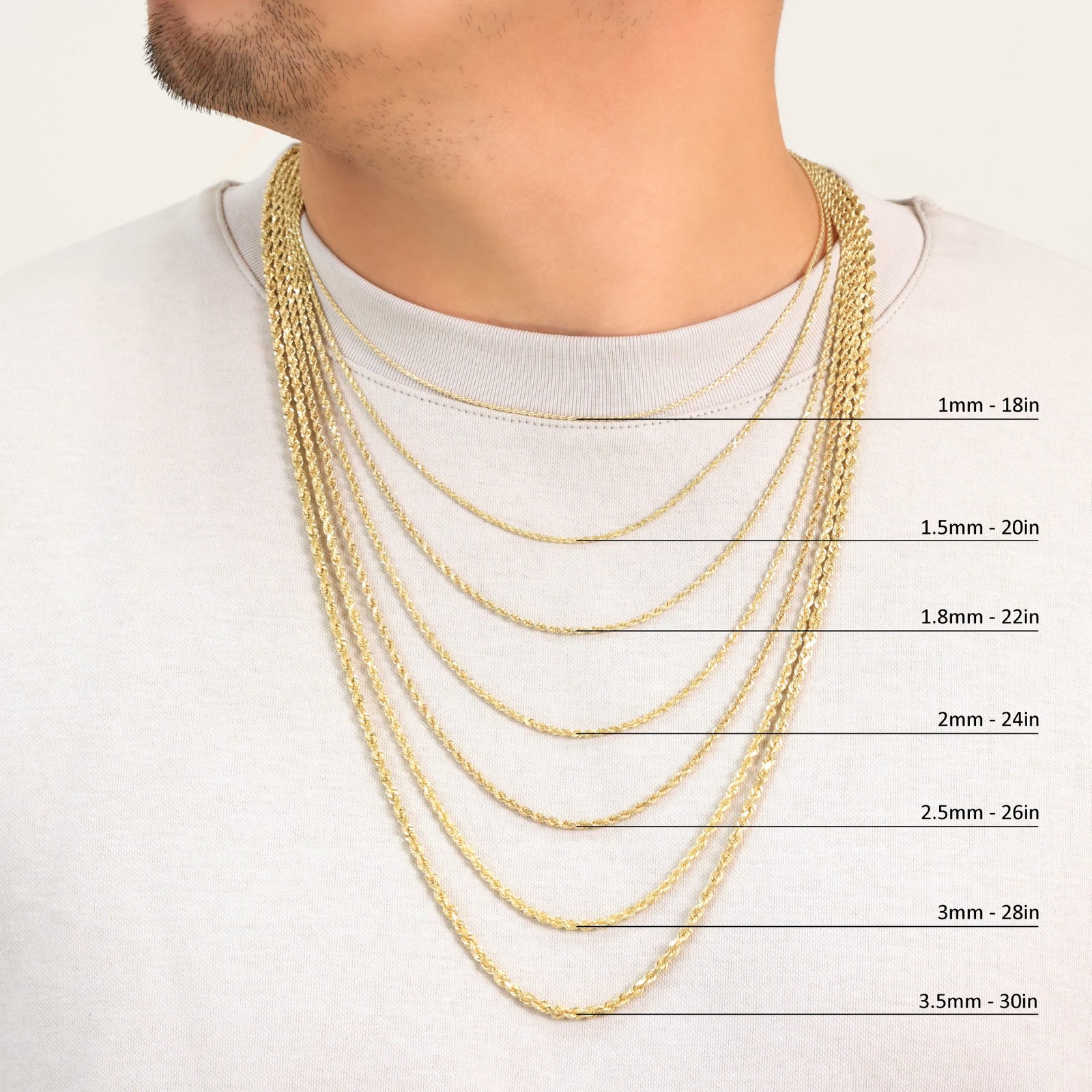 10K Yellow Gold 1mm-10mm Diamond Cut Solid Rope Chain Pendant Necklace 16″- 30″