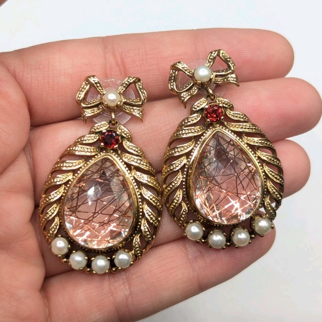 Nicky Butler NB Gold Tone Quartz Pearl Garnet Bow Drop Dangle Earrings 925 Posts