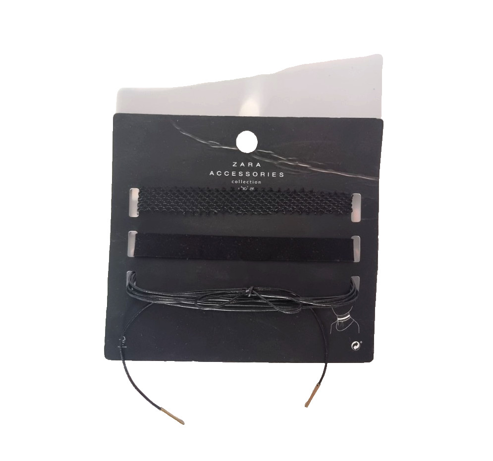 NWT Zara Accessories Black Choker Necklace Set 3 Pc Velvet Mesh Leather Cord Wra