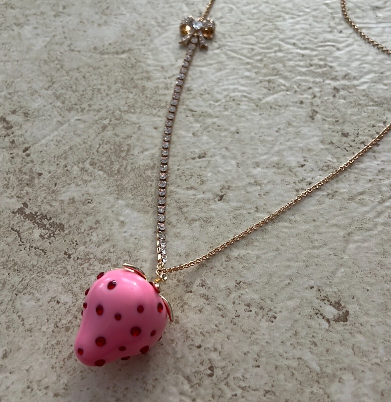 Betsey Johnson Pink Red Crystals Strawberry Long Chain Necklace Gold Tone NWT