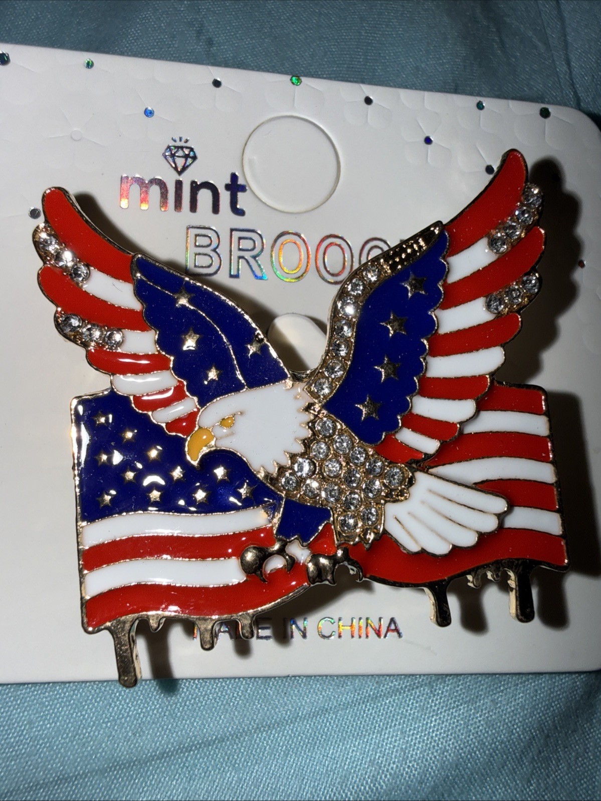 Gold Red White & Blue Rhinestone Crystal Eagle Pin Americana Patriotic New