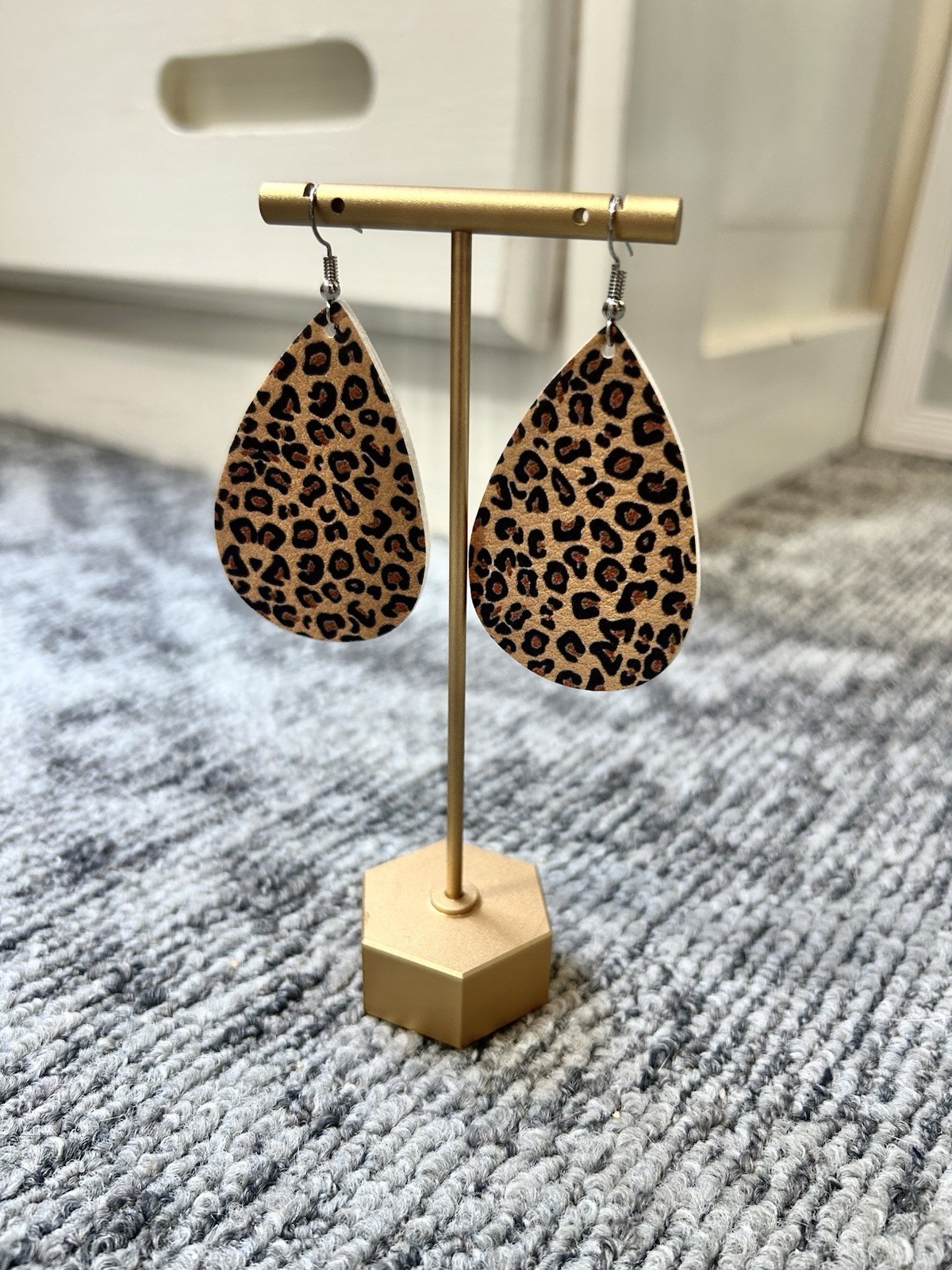 Leopard Print Teardrop Faux Leather Dangle Drop Earrings Silver Hook Southwest