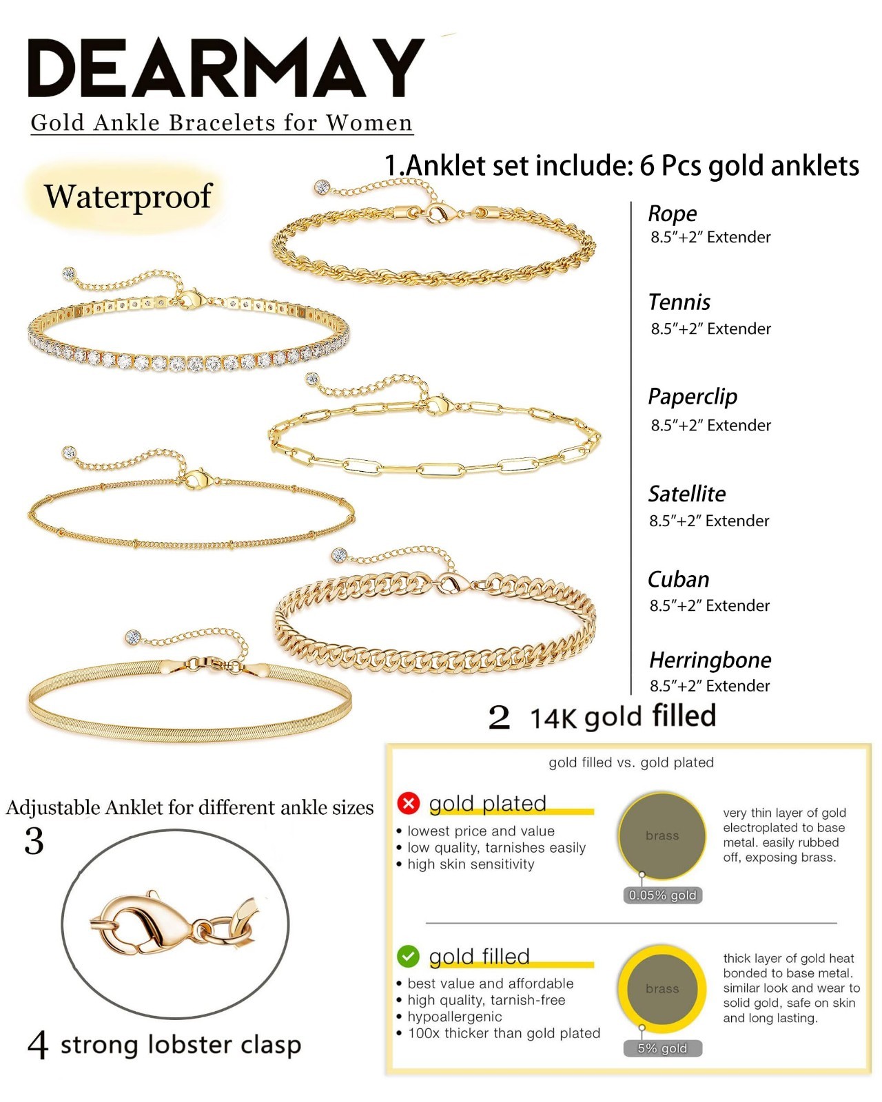 14K Gold Plated Waterproof Ankle Bracelets Set – 6Pcs Layered Cuban Link & Herri