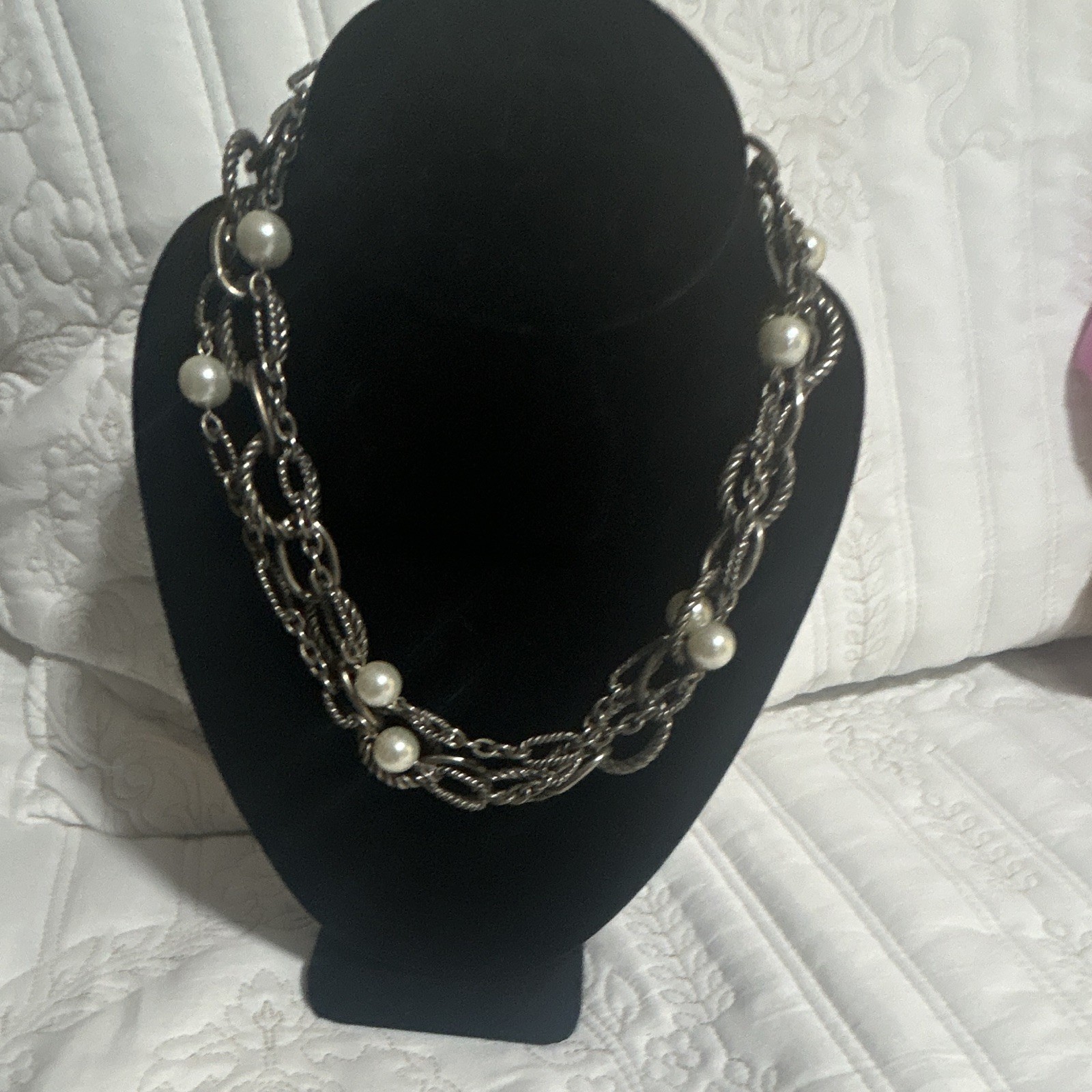 Silver Tone Multi-Strand Cable Chain Statement Necklace White Faux Pearls