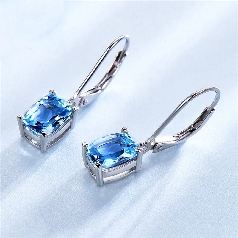 Pretty Sea Blue Imitation Topaz Square Hanging Silver Plated Dangle Earrings